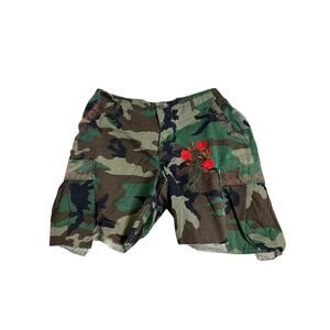 Army Fatigue Camo Shorts Large Upcycled Floral Embroidered DIY Utility Punk OOAK
